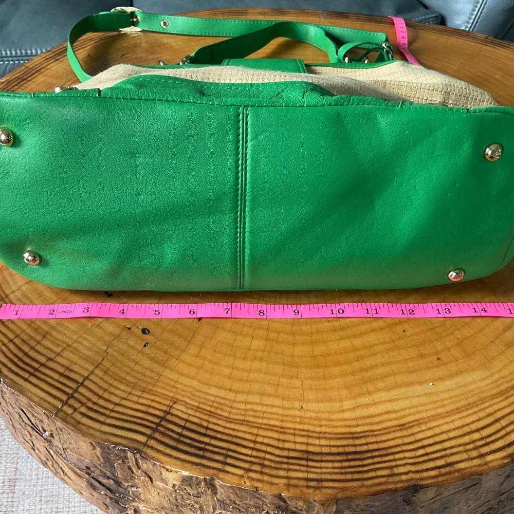 Emma Fox Newport Green Leather & Natural Woven Linen Blend Crossbody Satchel Bag
